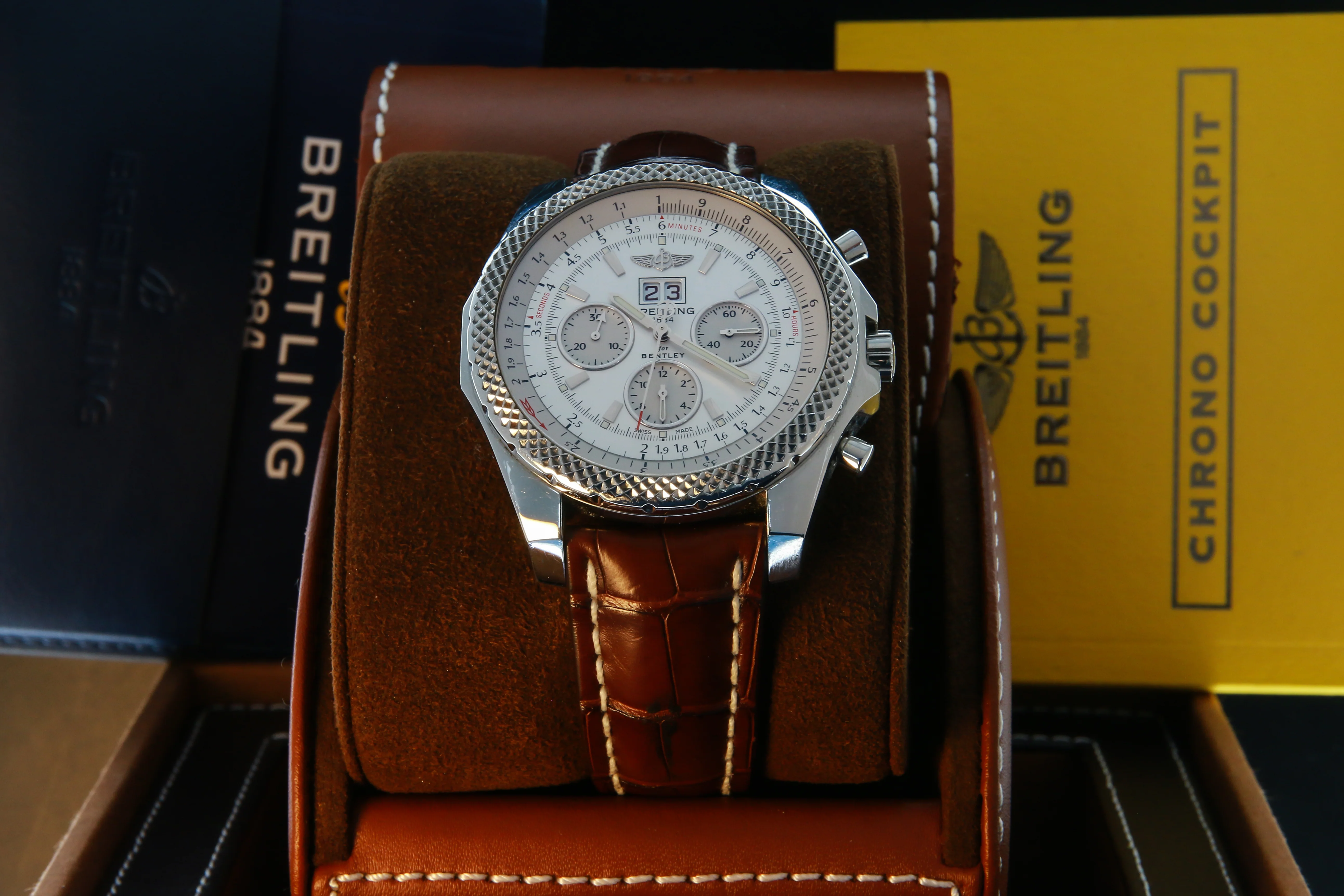 Breitling Bentley 6.75 Steel on Brown Leather Strap White Dial A44362 - Image 6